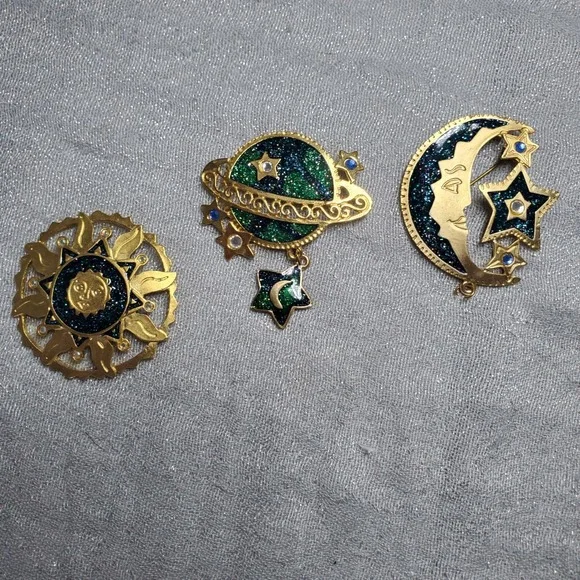 Vtg Newpro Celestial Brooch Full Set Gold Tone Sun Moon Planet Glitter Enamel - Picture 1 of 9
